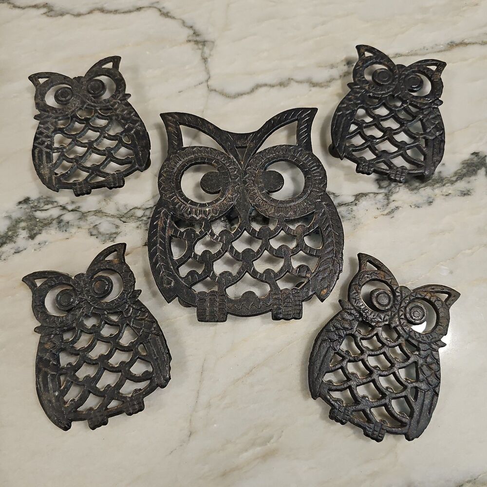 Cast Iron Owl Trivet Set of 5 Taiwan Footed Hot Plate Vintage